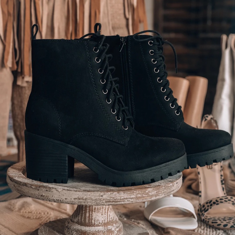 Black vegan suede chunky heel combat ankle bootie